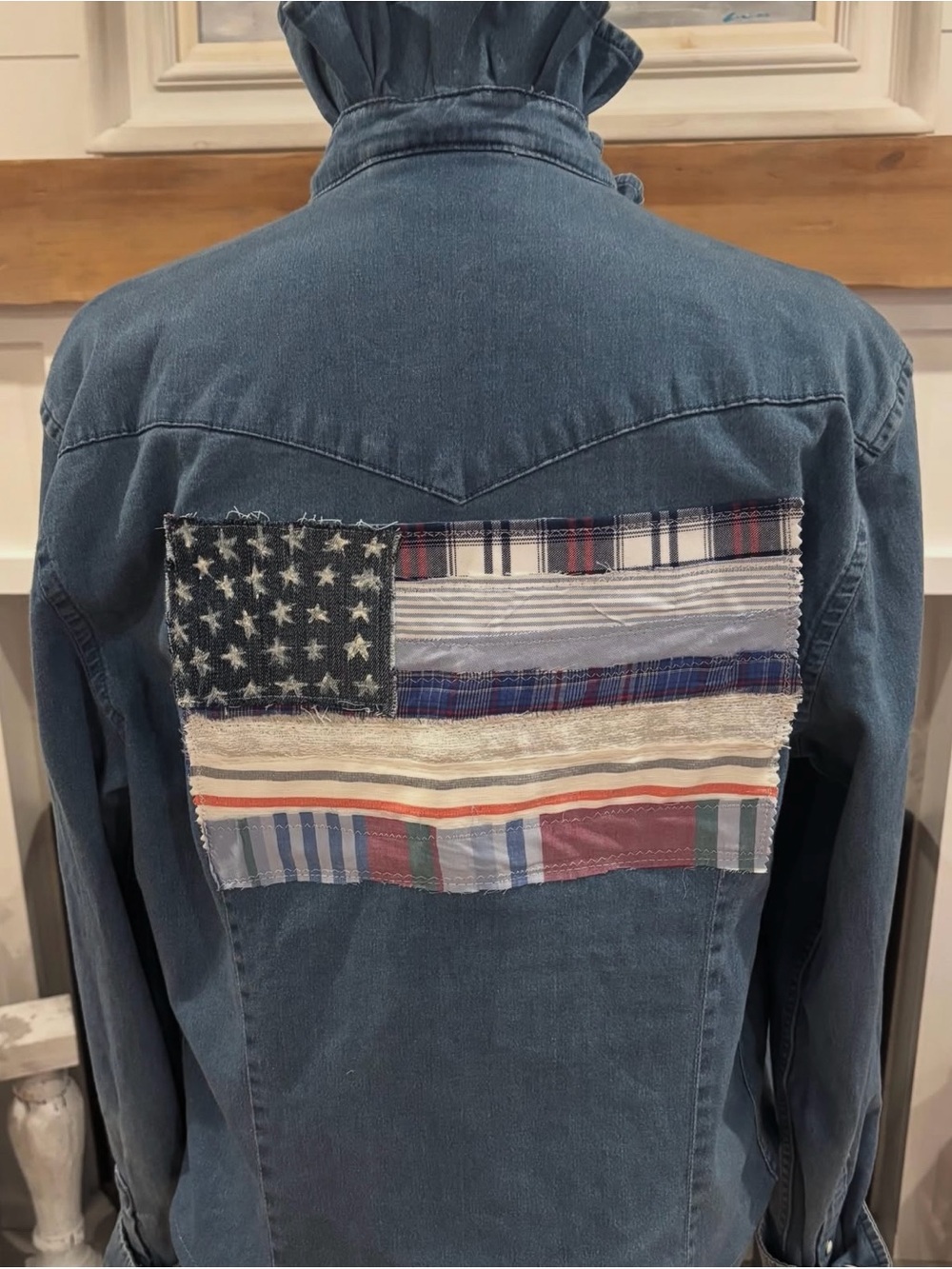Custom Denim Ruffle Collar Shirt with flag back sz Large- fitted - patriotic